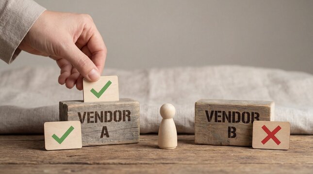 Hand placing checkmark block on vendor A block with vendor B rejected