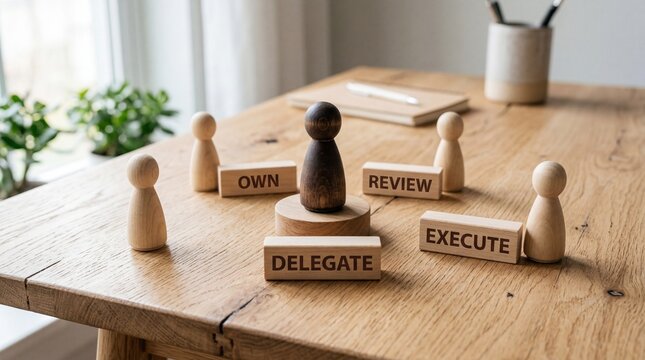 Wooden figures with delegation concept blocks on office table