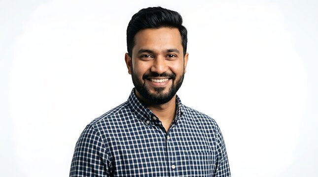 Smiling man with short beard wearing checkered button-down shirt posing for portrait
