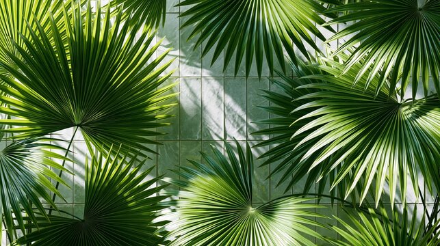Sunlit palm leaves create a tropical, summer paradise with a jungle feel.