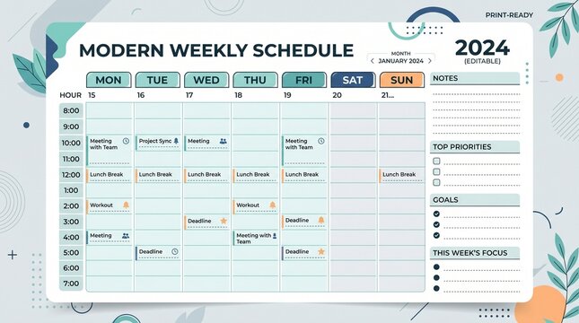 Modern weekly schedule 2024 planner template, editable business calendar with hourly time slots, professional productivity organizer layout