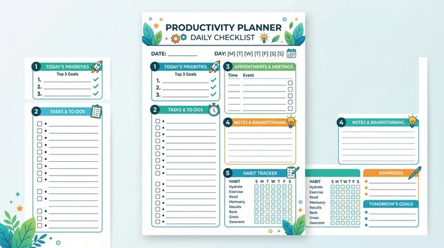 Productivity planner daily checklist template, modern task tracker with habit tracker and to do list, clean organizational schedule layout