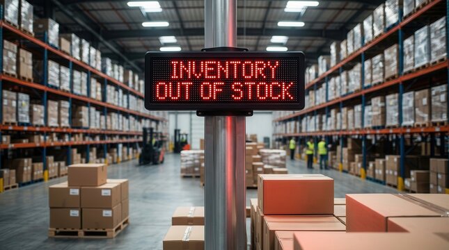 Inventory out of stock notice displaying a warehouse management crisis and supply chain disruption.