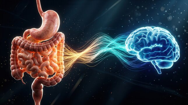 Illustration of the gut and brain connected by colorful neural signal streams for gut-brain axis communication.