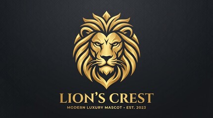 Obraz premium Luxury golden lion crest logo, modern mascot head emblem for premium branding, elegant gold animal mascot on dark background