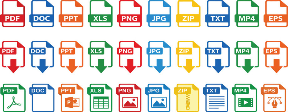 Set of colorful file format icons including document pdf doc ppt xls png jpg zip txt mp4 and eps file types for computer web interface.