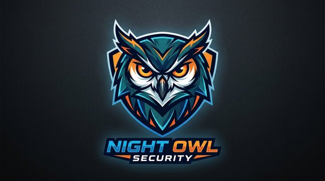 Night Owl Security mascot logo, fierce owl head esports emblem on dark background, professional security company branding with blue and orange accents