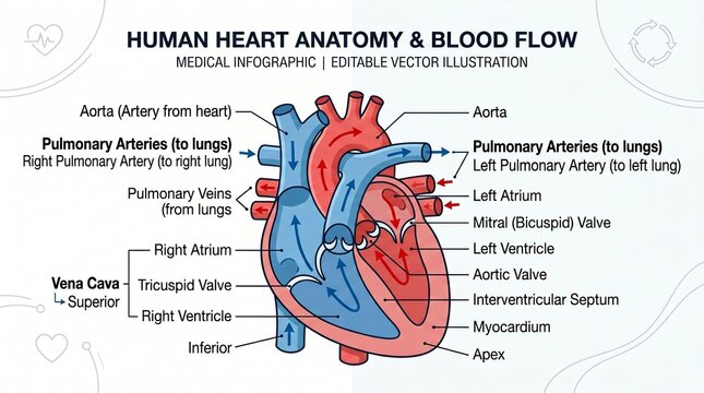 Human heart anatomy and blood flow medical infographic, detailed cardiac system diagram with labels, educational cardiovascular health illustration