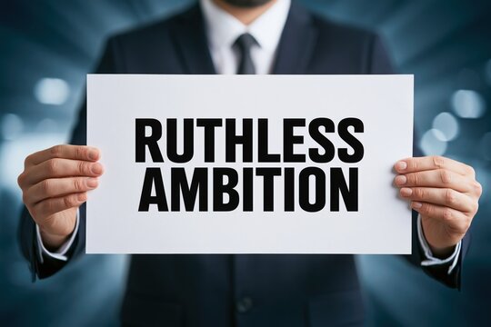 Man in Suit Holding a Sign Describing the Idea of Ruthless Ambition