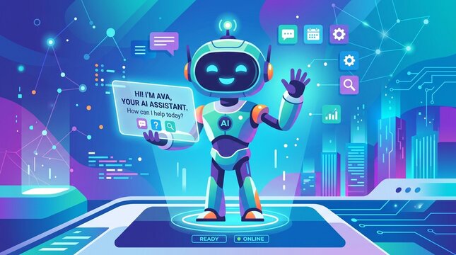 Futuristic AI assistant robot named Ava, friendly humanoid chatbot character in a glowing digital workspace, artificial intelligence customer support concept