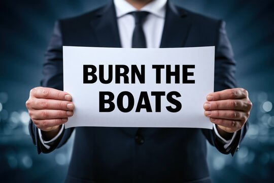 Leader Holding a Motivational Sign to Burn the Boats for Commitment