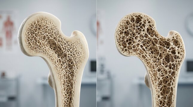 Side-by-side comparison of healthy dense bone and osteoporotic porous bone.