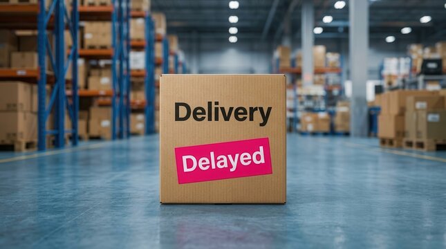 A cardboard box with a delayed delivery label sitting in a warehouse inventory background.