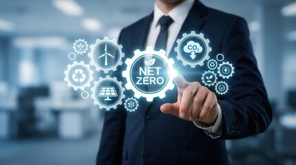 Fototapeta premium Businessman touching a net zero icon with decarbonization symbols on a smart digital background.