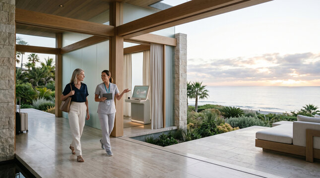 Luxury longevity retreat arrival at a coastal diagnostic campus