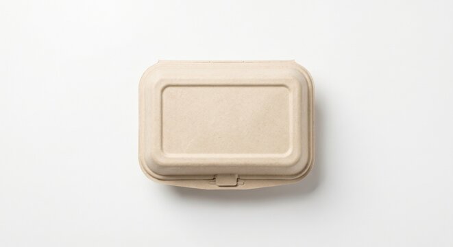 Closed paper pulp takeaway container on clean white background