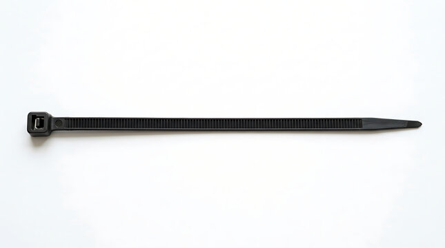 Black plastic cable tie for secure wire bundling and organization isolated on a clean white background for industrial construction use