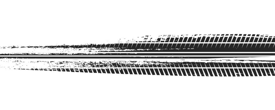 Black tire marks on road, Black rubber tire marks and tread marks, Tire trace track wheels texture and background, Auto tire tread grunge, Car wheel tyre tread track black tyre print, Top view.
