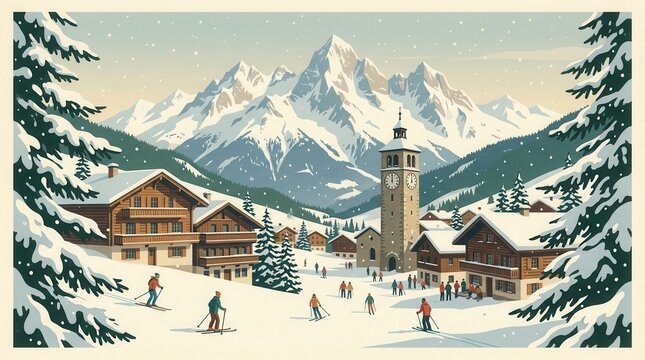 Vintage ski resort scene featuring snowy mountains and charming chalets.
