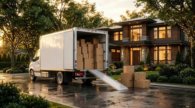 A large moving truck parked in front of a luxurious house with cardboard boxes.