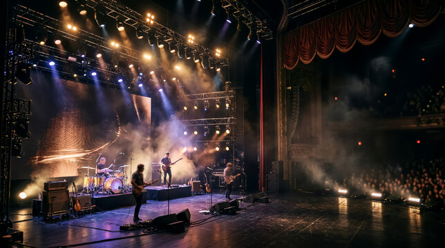 Live rock band performing on a classic theater stage, dynamic concert lighting with heavy smoke and red curtains, retro music performance atmosphere