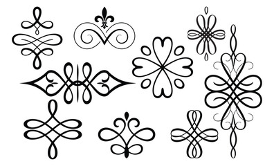 Geometric Ornamental Divider Set with Fleur de Lis and Calligraphic Swirls for Elegant Wedding and Certificate Design Vector © InfinoArt