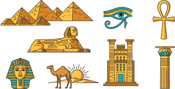 Ancient Egypt Landmarks and Symbols Vector Illustration Set with Giza Pyramids, Great Sphinx, King Tutankhamun Pharaoh Mask, Eye of Horus, and Ankh Cross