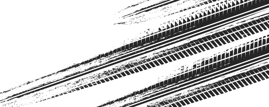 Black tire marks on road, Black rubber tire marks and tread marks, Tire trace track wheels texture and background, Auto tire tread grunge, Car wheel tyre tread track black tyre print, Top view.