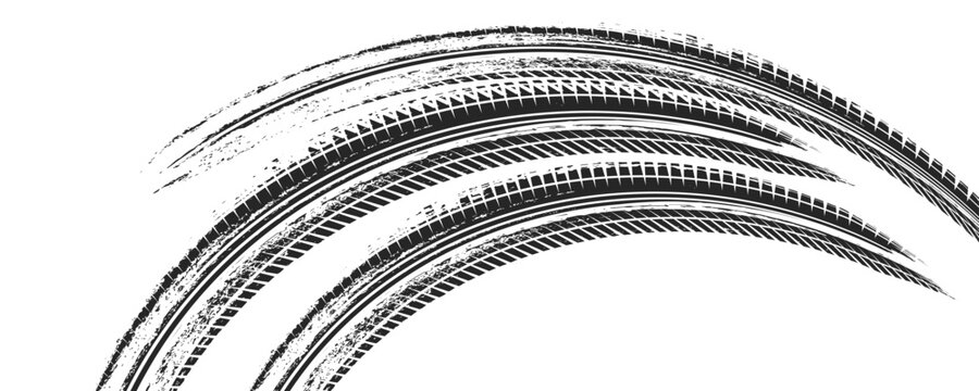 Black tire marks on road, Black rubber tire marks and tread marks, Tire trace track wheels texture and background, Auto tire tread grunge, Car wheel tyre tread track black tyre print, Top view.