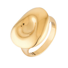 Abstract gold ring with smooth fluid organic shape isolated on white background. Minimalist modern jewelry product shot with glossy surface and soft studio lighting. © Jan