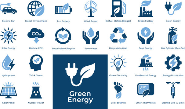 Green energy duotone icons set. Renewable electricity, sustainable ecology environment, and eco recycling line icons with editable stroke.