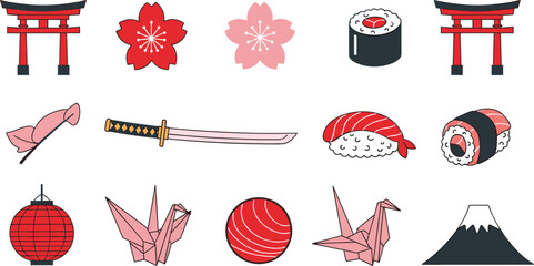 Japan Culture and Landmarks Vector Illustration Set with Red Torii Gate, Mount Fuji, Sushi Rolls, Samurai Katana Sword, Origami Crane, and Cherry Blossom Elements © MdSoleman
