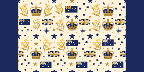 Fototapeta premium Seamless Australian Kings Birthday pattern with golden crowns, flags, wattle sprigs and scattered stars on navy background, festive royal digital paper for wrapping, textiles, wallpaper, celebration