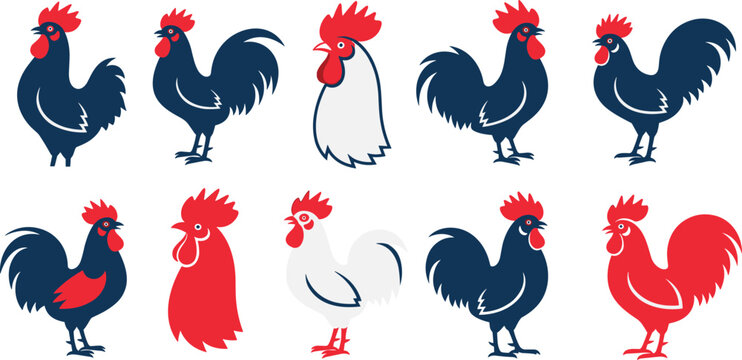 Rooster and Gallic Cock Vector Illustration Set with French National Symbol, Farmhouse Chicken Outlines, Red Crest Heads, and Countryside Poultry Design Elements