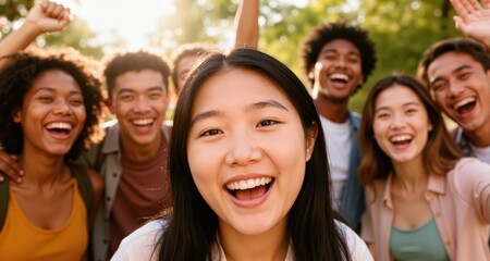 Obraz premium Multicultural group of friends having fun outdoors - Young people celebrate together outside - Soft focus on Asian girl face 