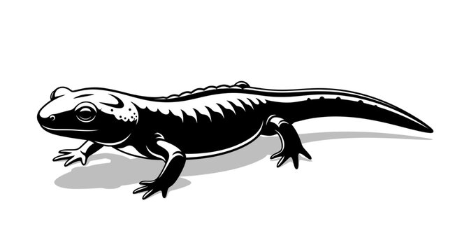 Black and white salamander illustration on white background