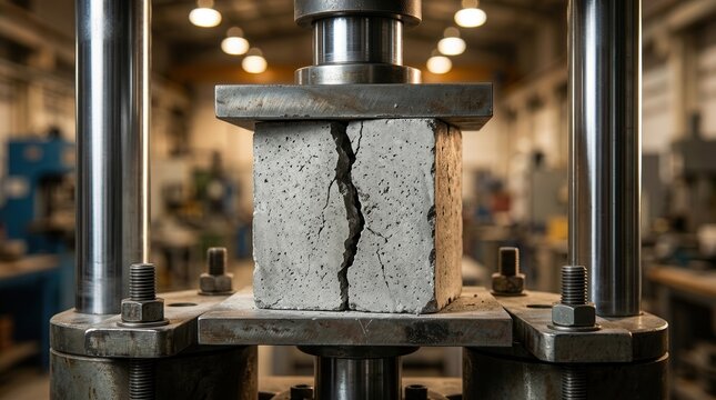 Concrete cube being tested for strength in a compression machine with a crack.