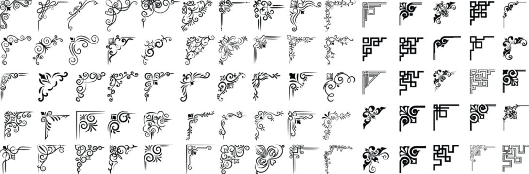 Decorative corner vector borders. Ornamental frame elements set. Vintage flourish scroll collection