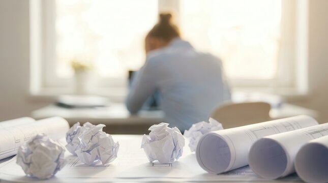 Close-up of crumpled paper on a table with a frustrated businesswoman feeling unhappy.