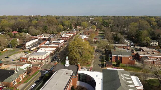 Aerial flyover view of downtown Hillsborough, North Carolina, in Orange County