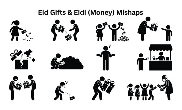 Eid Gifts and Eidi Money Mishaps Humorous Pictogram Set Showing Funny Gift Giving Situations for Islamic Festival Concept Design Vector
