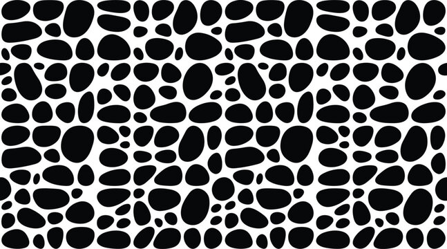 Seamless repeating pattern of black rounded organic shapes arranged in a grid like formation on a solid white background, for surface texture, and fabric