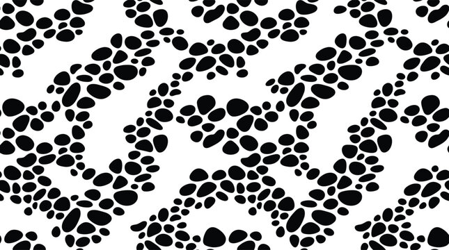 Seamless pattern featuring wavy rows of rounded black organic shapes on a solid white background, for textile and, surface texture applications