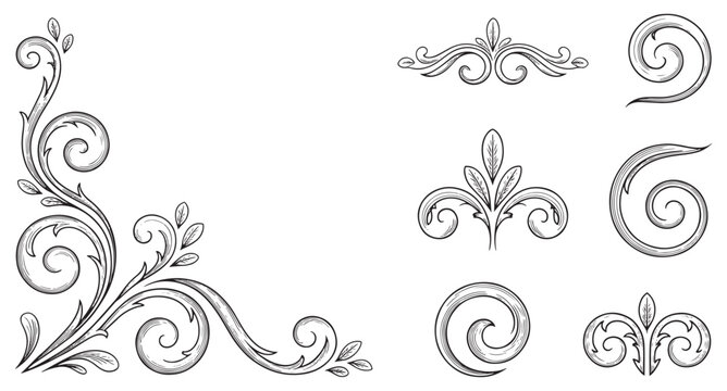 Baroque Victorian Ornamental Scrollwork Corner and Flourish Set with Fleur de Lis for Luxury Certificate Design Vector