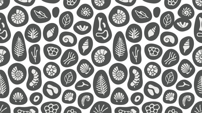 Seamless pattern of prehistoric fossil featuring ammonites, fern leaves, shells, and ancient bones in a dark grey and white style