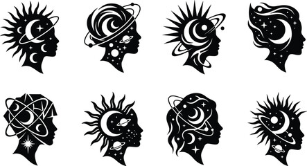 Set of eight black and white silhouettes of human profiles featuring celestial like moons stars planets and orbits within the hair on a plain white background © MD