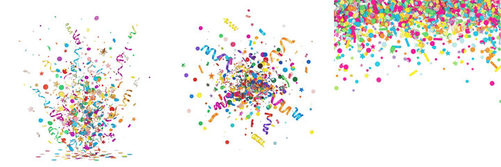 Obraz premium Set of Colorful Confetti Explosion PNG Overlays - Realistic Party Streamers and Festive Falling Paper Bits Isolated on White Background for Holiday Designs