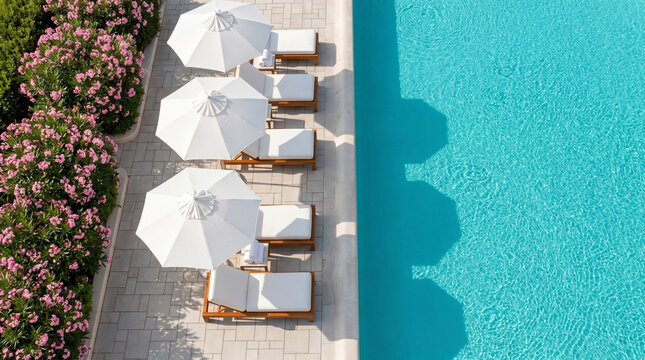 Top view of luxury swimming pool side with white umbrellas and lounge chairs
