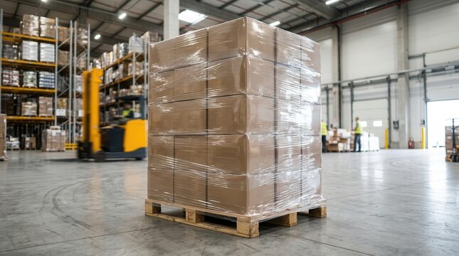 Wooden pallet with cardboard boxes securely wrapped in clear stretch film in a warehouse.