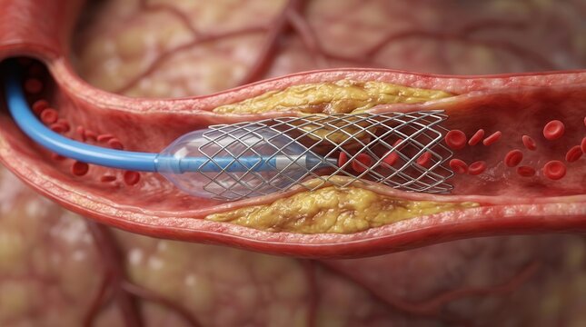 Stent implantation procedure to unblock a cardiovascular patient's artery for improved blood circulation.